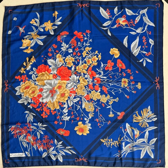 💐🟦Sunkyung Sa Silk Scarf | Yellow/Orange Bouquets | 29" Square | Vtg Japanese - Picture 14 of 17